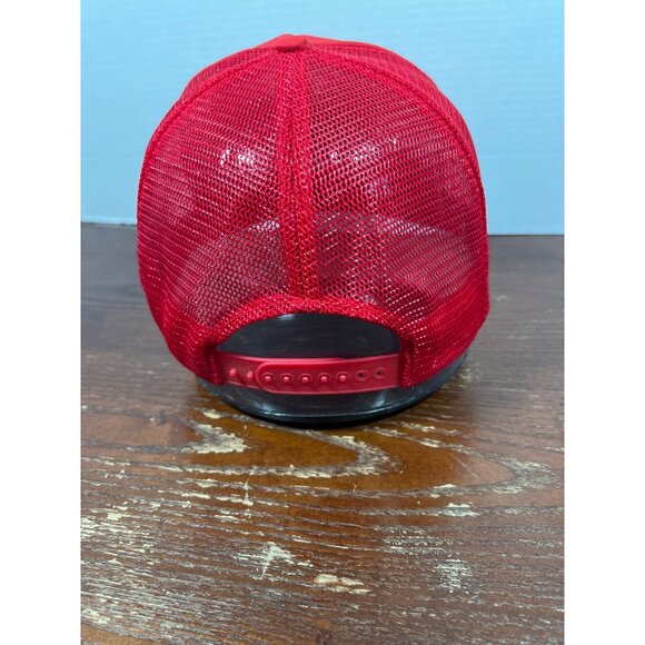 Vintage Nissin Red Mesh Snapback Hat With "Eagle Wrestling" Yellow Print X3 - Picture 2 of 4